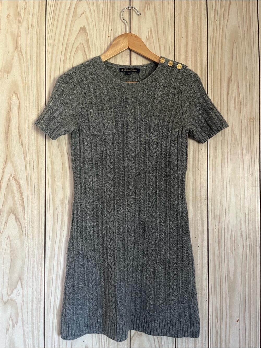 Brooks Brothers Gray Cable-Knit Crewneck Wool Blend Dress with Gold Buttons